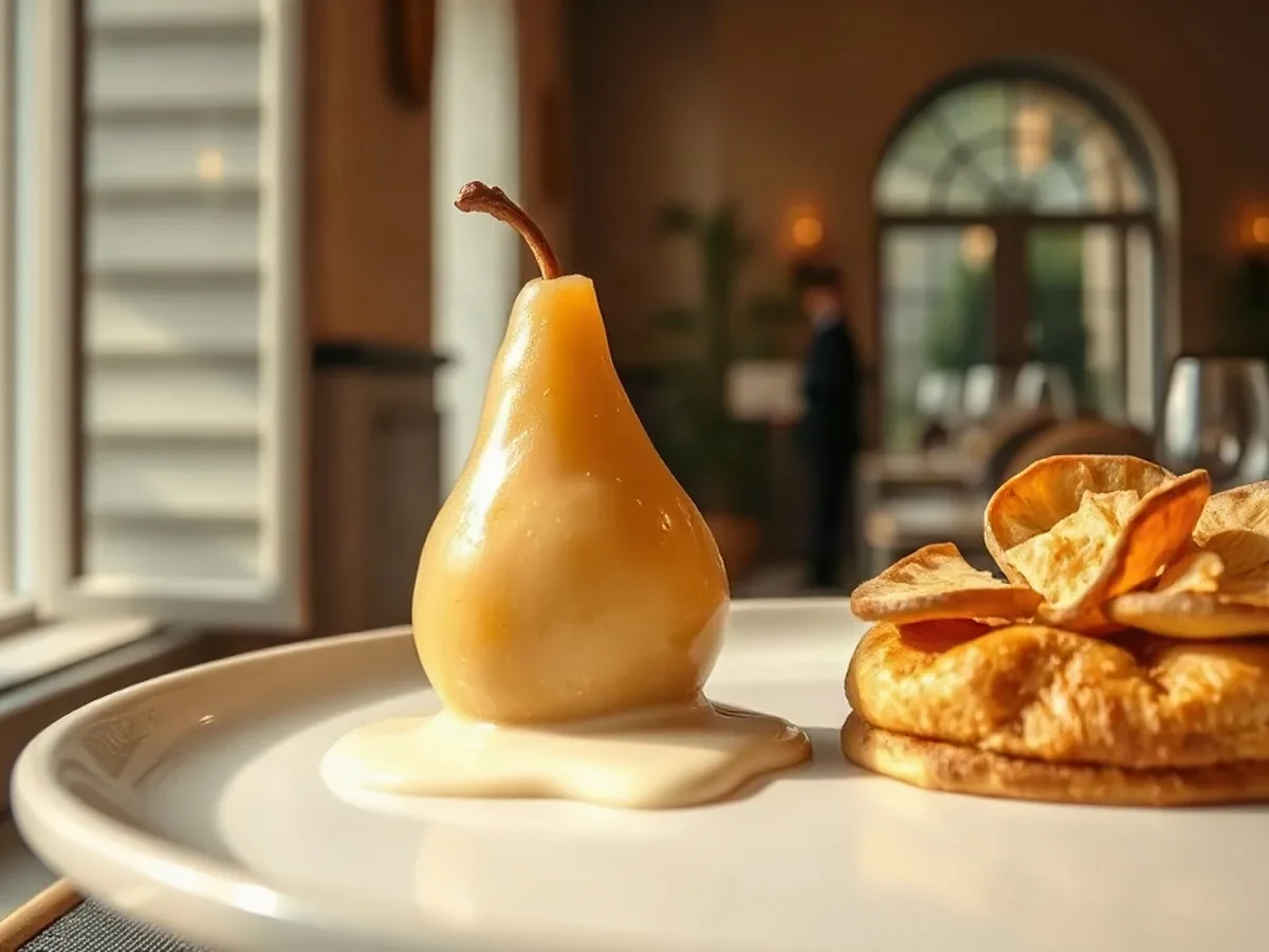 Poached pear, vanilla cream and crisp pastry on a pale plate in soft daylight.