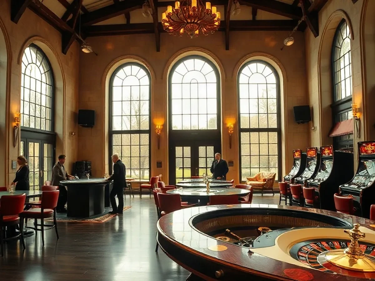 Physical gaming tables and slot machines beneath arched windows, with soft light on pale stone.