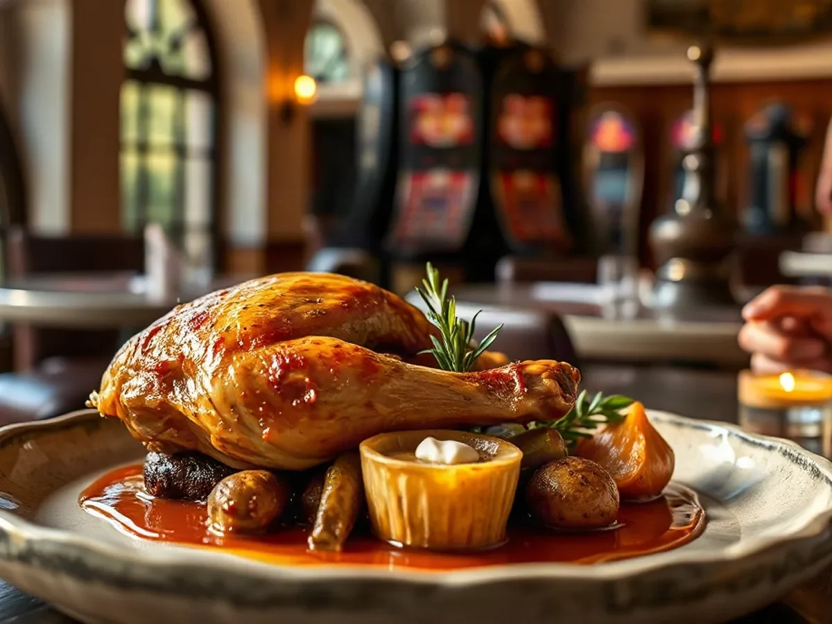 Golden roast chicken with thyme and root vegetables on stoneware in warm light.