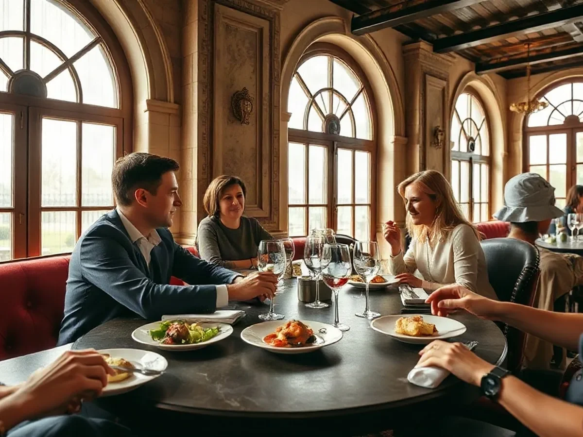 Adults sharing seasonal dishes at a timber brasserie table beside softly lit glass.