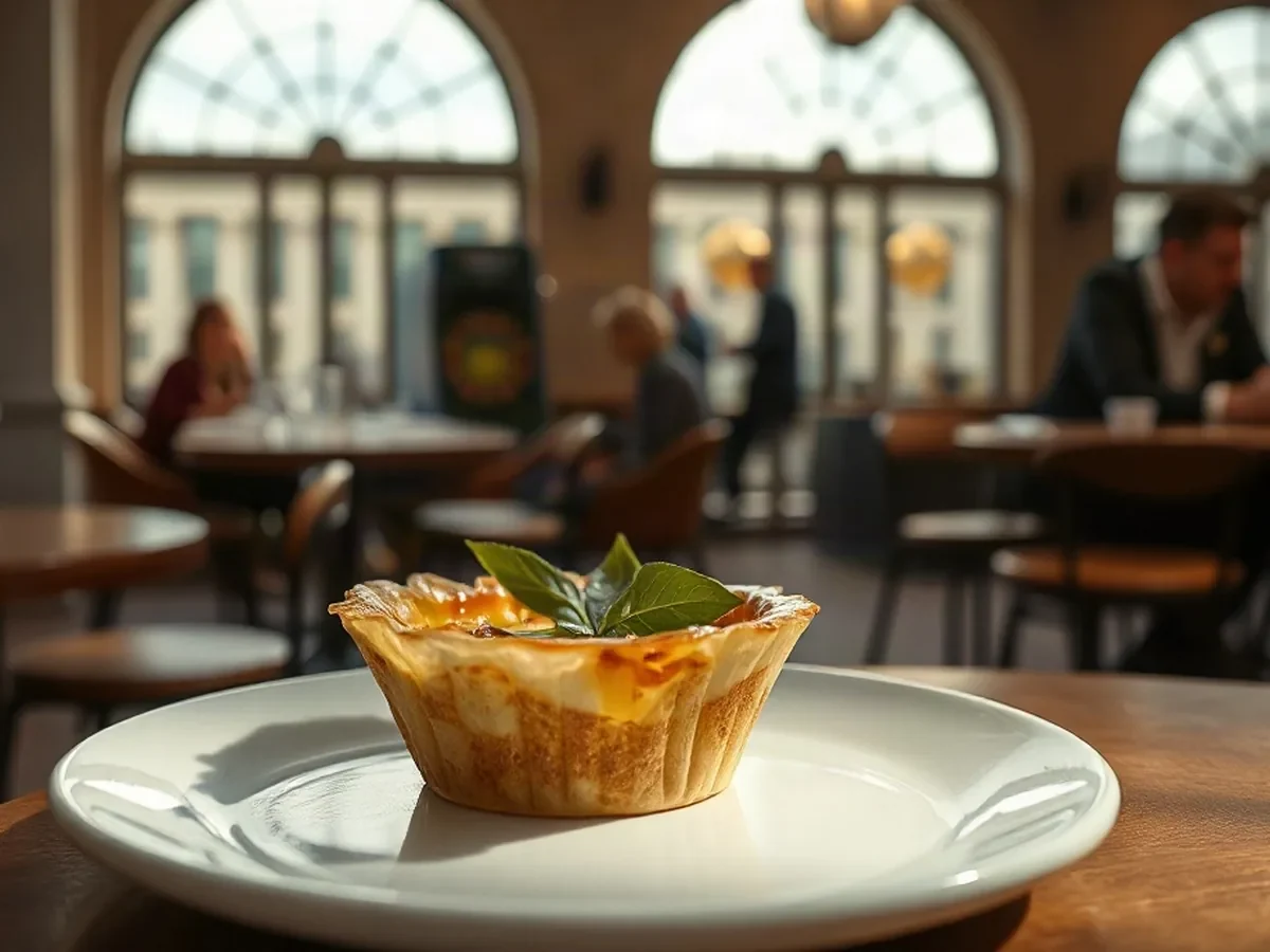 Golden leek tart with mustard leaves on cream ceramic in soft window light.