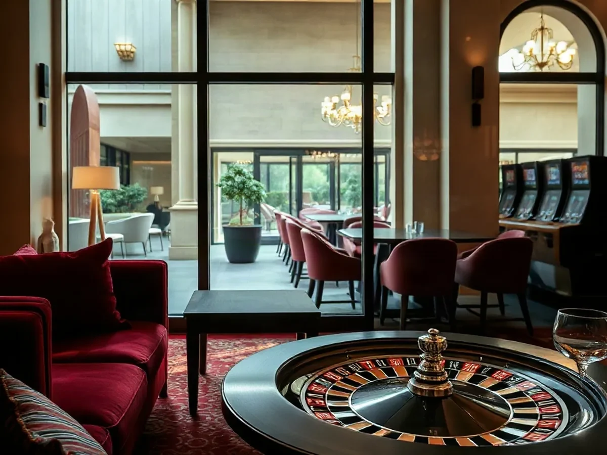 Wine-red lounge seating and dark timber tables in a quiet pool of warm light.